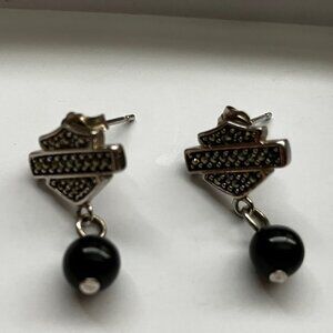 Harley Davidson Earrings Sterling Silver Logo Black Rhinestones VINTAGE 2006